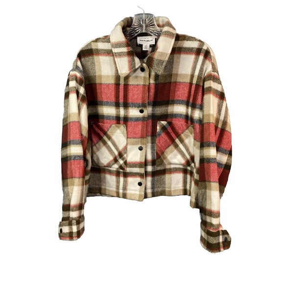 For the Republic Women's Red/Brown Heavy Flannel Long Sleeve‎ Crop Jacket Size L - Picture 1 of 14